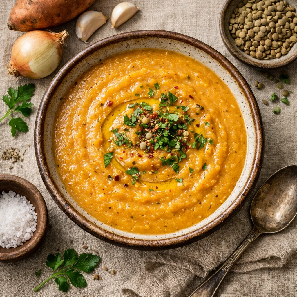 Zelfgemaakte Linzensoep met Zoete Aardappel