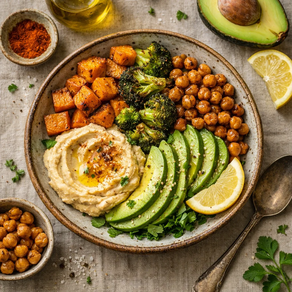 Vega Bowl met Geroosterde Groenten en Hummus