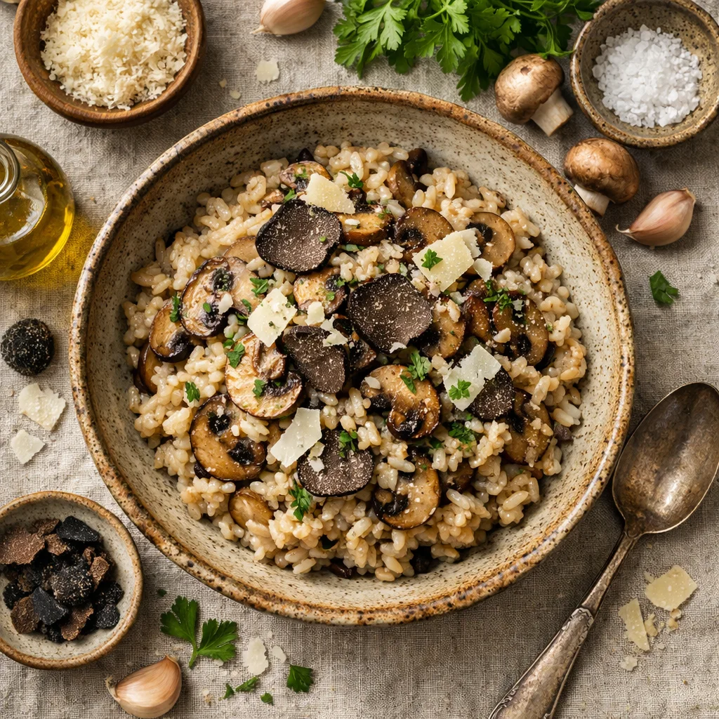 Gezonde Italiaanse risotto met champignons en truffel