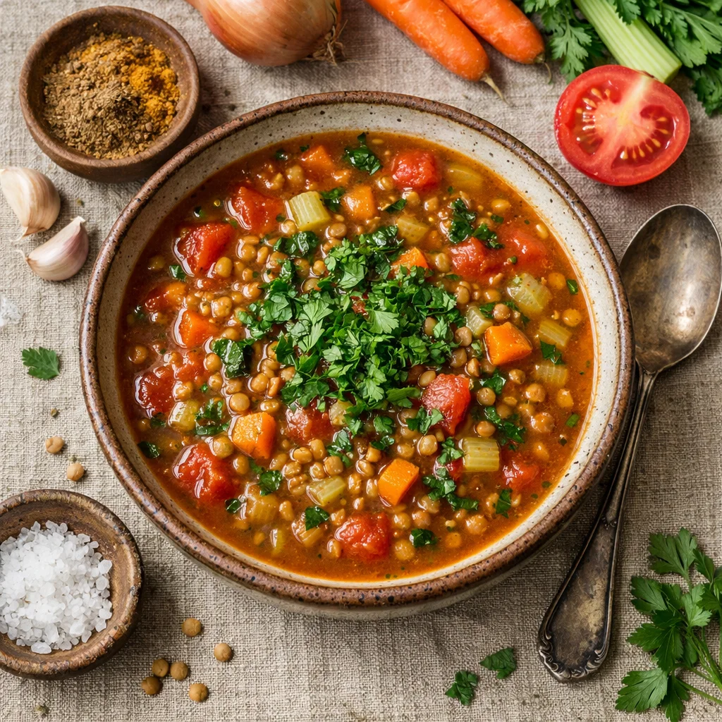 Vegetarische Linzensoep vol Groenten en Kruiden