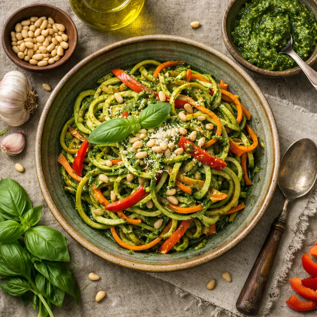 Gezonde groentespaghetti met zelfgemaakte pesto saus