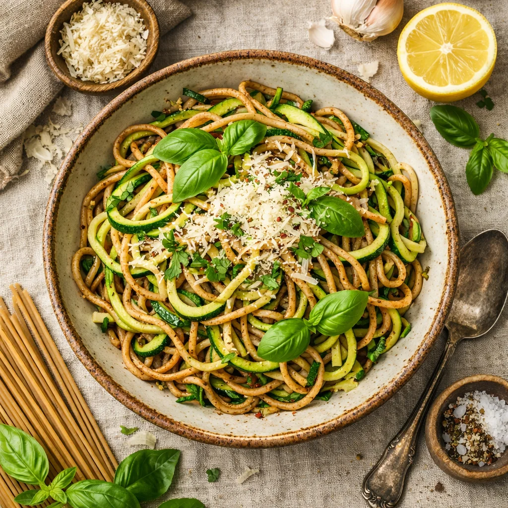 Gezonde Italiaanse courgette spaghetti met knoflook